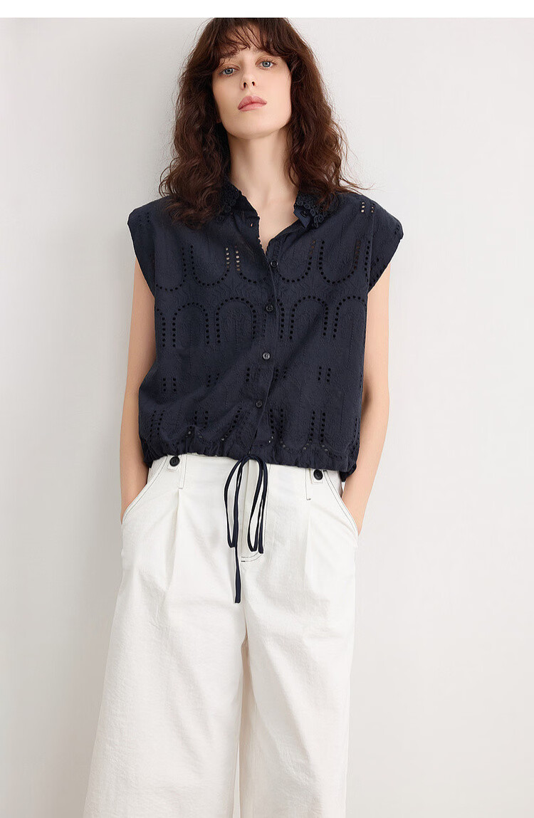 Demana Oxygen Pure Cotton Summer Elegant Lace Embroidered Hollow-out Short Shirt with Designed Collar for Women 19