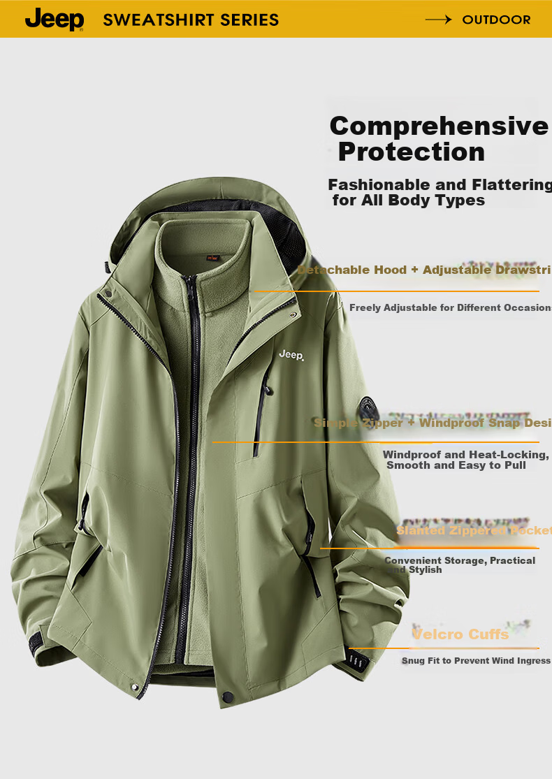 JEEP Men's 3-in-1 Jacket Autumn Winter Outdoor Warm Mountaineering Two-Piece Set Black XL 4