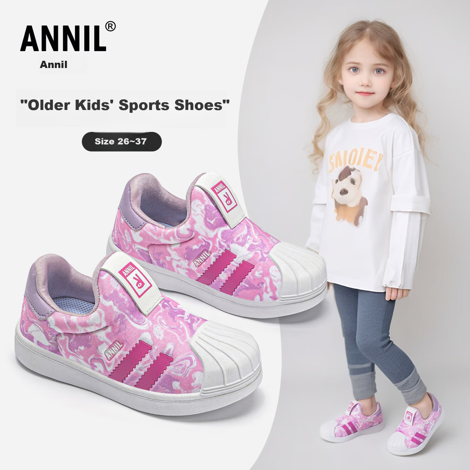 ANNIL Girls Slip-On Sneakers 2026 New Spring Boys Children's Shell Toe Shoes 4184 Pink Size 30