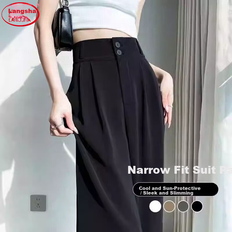 LangSha Black Women's Suit Pants 2025 New Office Commuting High-End Straight Slim Thin High-Waist Wide-Leg Trousers
