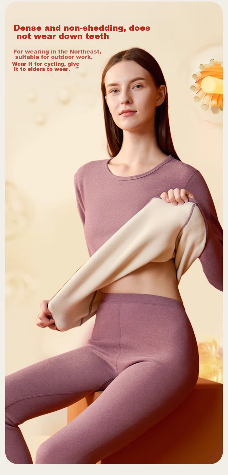 LangSha Women's Thermal Underwear Fleece Lined Thickened Winter Heat Retaining Lamb Wool Crew Neck Base Layer Set Autumn Top and Bottom 12