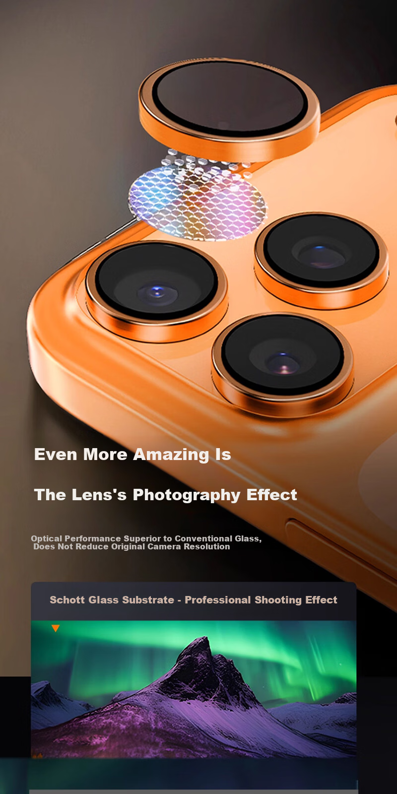 Torras [Schott Glass Substrate | AR Anti-Reflective] Compatible with iPhone 17 Pro Max Camera Lens Tempered Protective Film 3-Pack [Starry Orange] 5