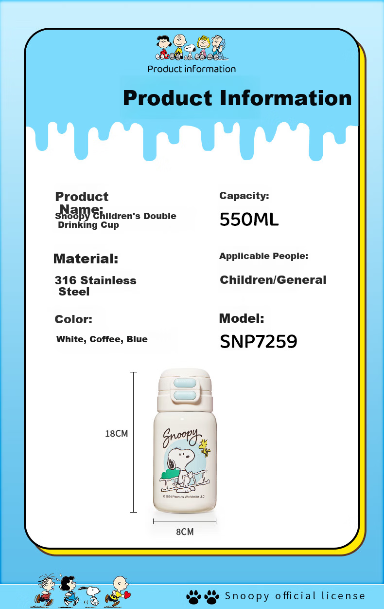 SNOOPY Insulated Water Bottle for Kids, Stylish 316 Stainless Steel Large Capacity Tumbler for 6-12 Year Old Students, Girls' Portable Straw Cup 10