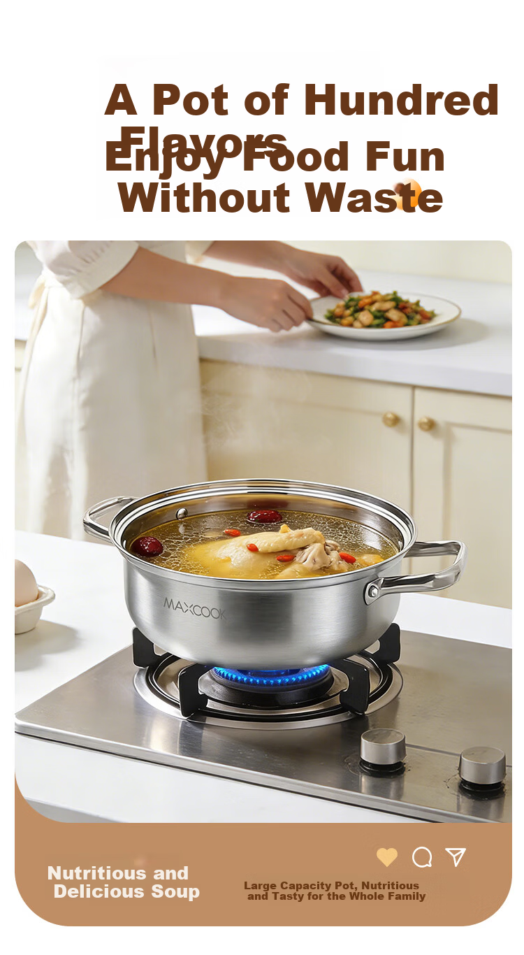 MAXCOOK 28CM Thickened Stainless Steel Single-Layer Steamer Pot Hot Pot Soup Steamer Compatible with Gas Stove and Induction Cooker 7