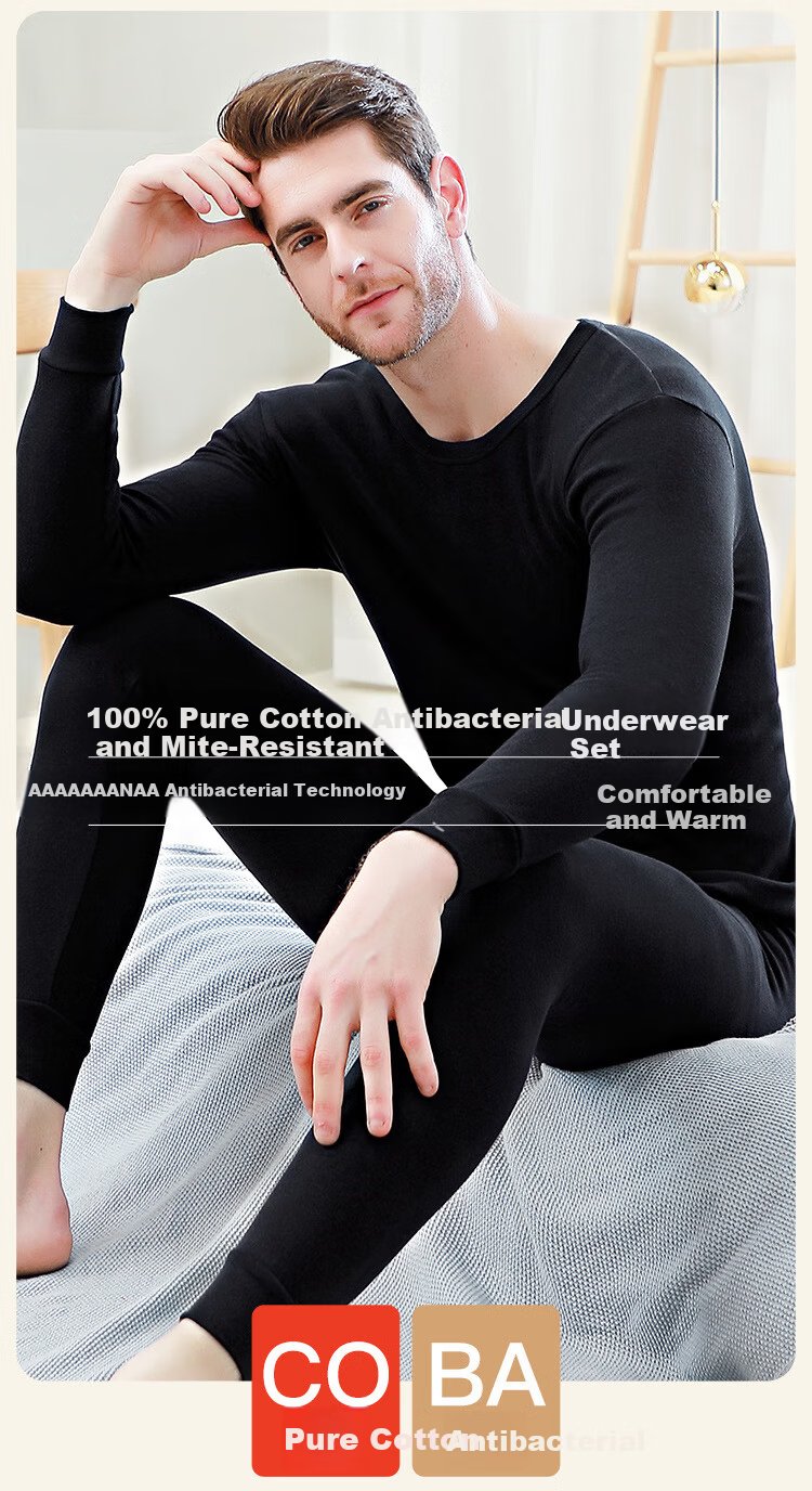 Bingxue Kapok Men's Pure Cotton Thermal Underwear Set 10A Antibacterial Mite-Resistant Autumn Winter Base Layer Crew Neck Warm Underwear 2
