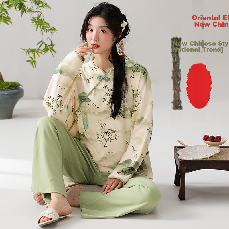 Borui Guofeng 100% Cotton Women's Autumn Winter Chinese Style Bamboo Forest Print Round Neck Pullover Pajamas Suitable for Outdoor Wear