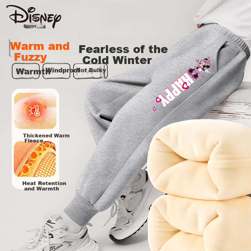 Disney Autumn Winter New Fleece-Lined Pants Kids Warm Sweatpants Casual Boys Girls Fleece Pants Non-Thick Fleece