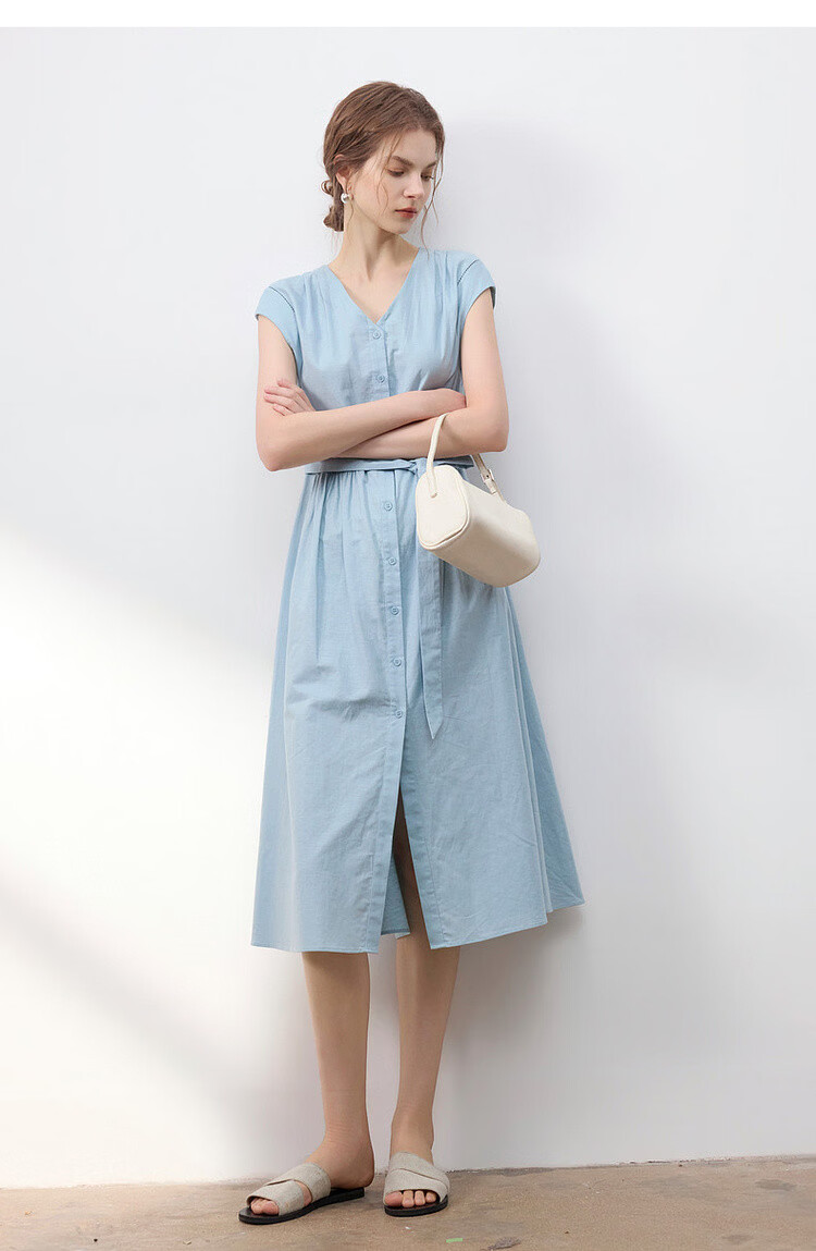 Demana [With Linen Cotton] Summer Commuter Style Lace Splice Cap Sleeve V-Neck Waist Cinched A-Line Mid-Length Dress for Women 17