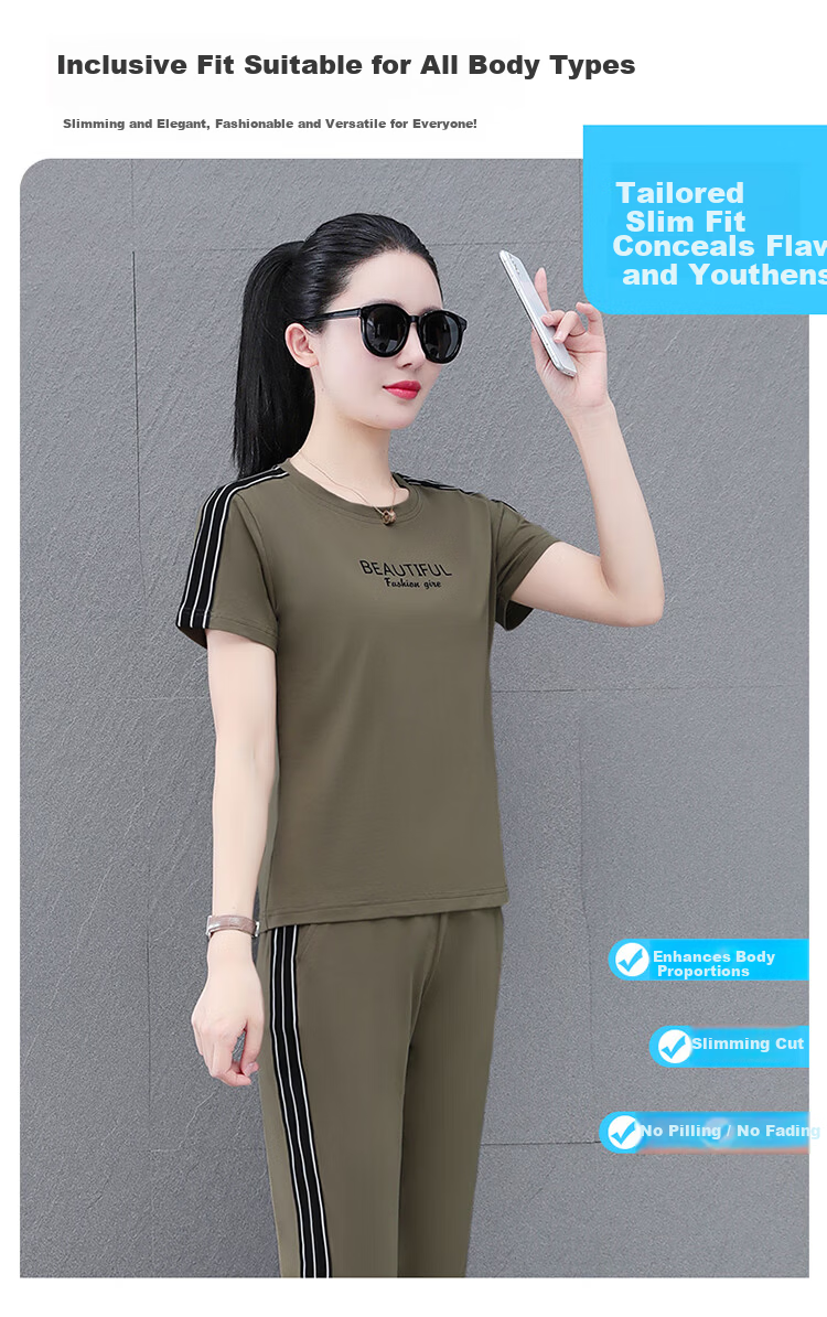 Woodpecker Pure Cotton Women's Summer Sportswear Set Loose Short Sleeve Long Pants Middle-aged Mom Casual Two-piece Suit Royal Blue 4XL 4