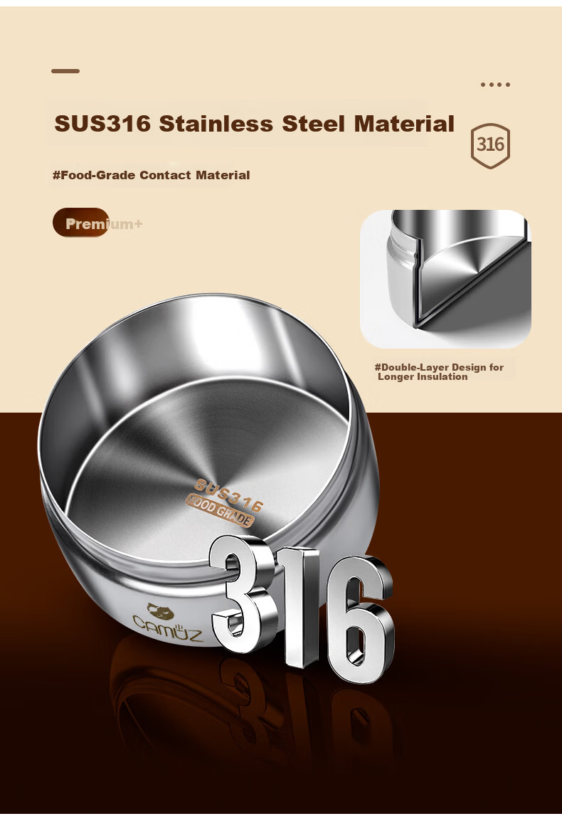 CAMUZ Insulated Lunch Box 316 Stainless Steel Microwaveable Thermal Container Large Capacity 4-Pack 3