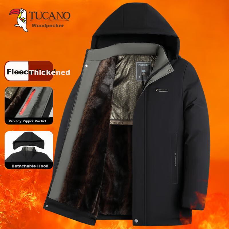 TUCANO Men's Winter Cotton Padded Jacket, Dad Style, Fleece Lined, Thickened Hooded Coat for Middle-aged and Elderly, Cold Resistant Clothing