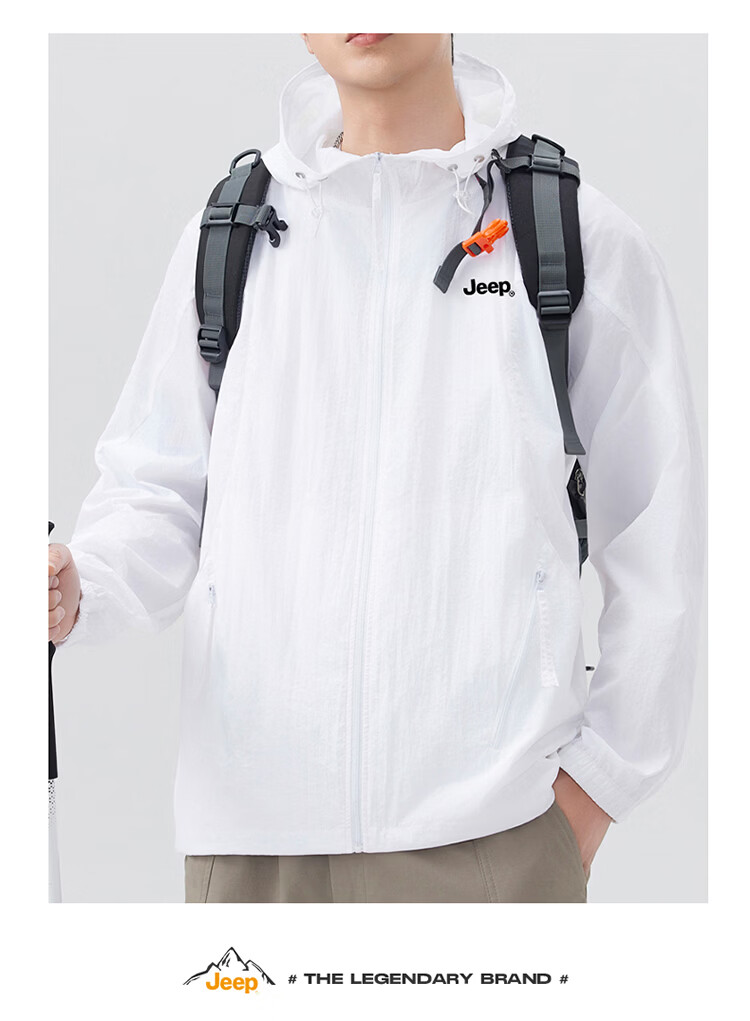 JEEP Men's Ice Silk Sun Protection Jacket Summer UV Protection UPF50+ Hooded Sunproof Coat White 3XL 20