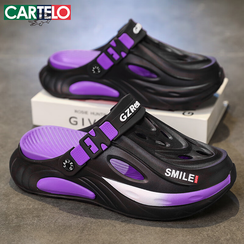 CARTELO Men's Sandals 2026 New Soft Sole Beach Slippers Dual-Use Thick Sole Hole Shoes Black Purple Size 38-39