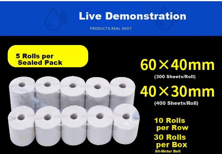 Jaylen 60x40mm 300 Sheets/Roll 50 Rolls Waterproof Thermal Label Stickers for Express Delivery, Takeout, Milk Tea, Clothing, Supermarket, Electronic Scale Barcode Adhesive Thermal Printing Paper 9