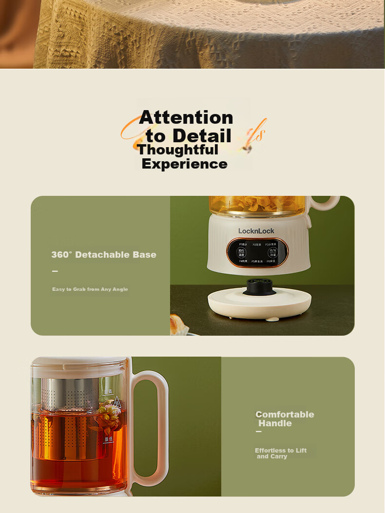 LOCK&LOCK Glass Health Pot Temperature Control Portable Electric Kettle Desktop Electric Stew Cup Office Heating Kettle EJK3495GRN 21