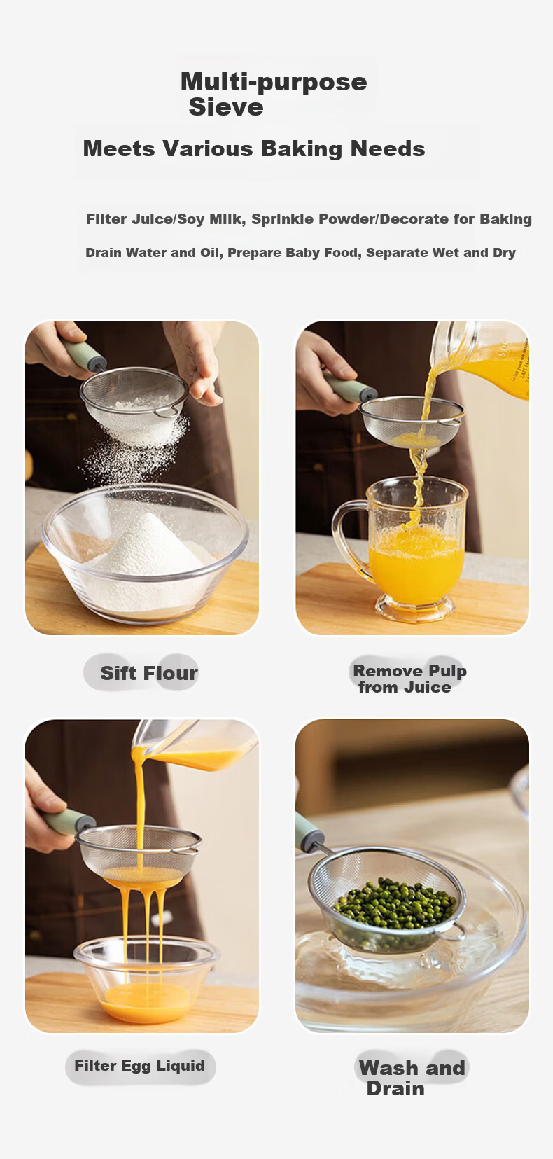Baoshi Baby Food Strainer Filter Soy Milk Sieve Egg Tart Liquid Filter Stainless Steel Baking Tool Household 6