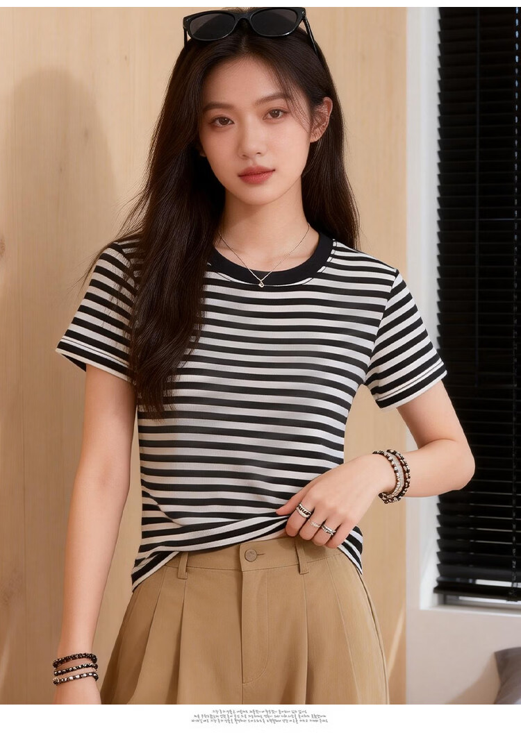 Yiershuang Women's Summer Base Layer T-Shirt, Lyocell Tencel Thin Striped Slimming Short Sleeve Top 16
