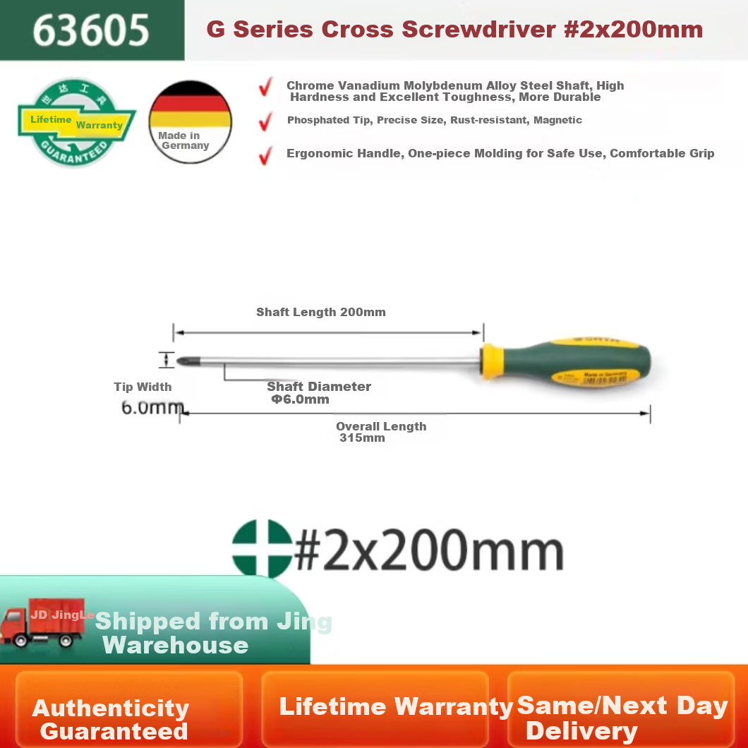 SATA G Series Industrial Grade Dual-Color Handle Phillips Screwdriver #2x200mm 63605