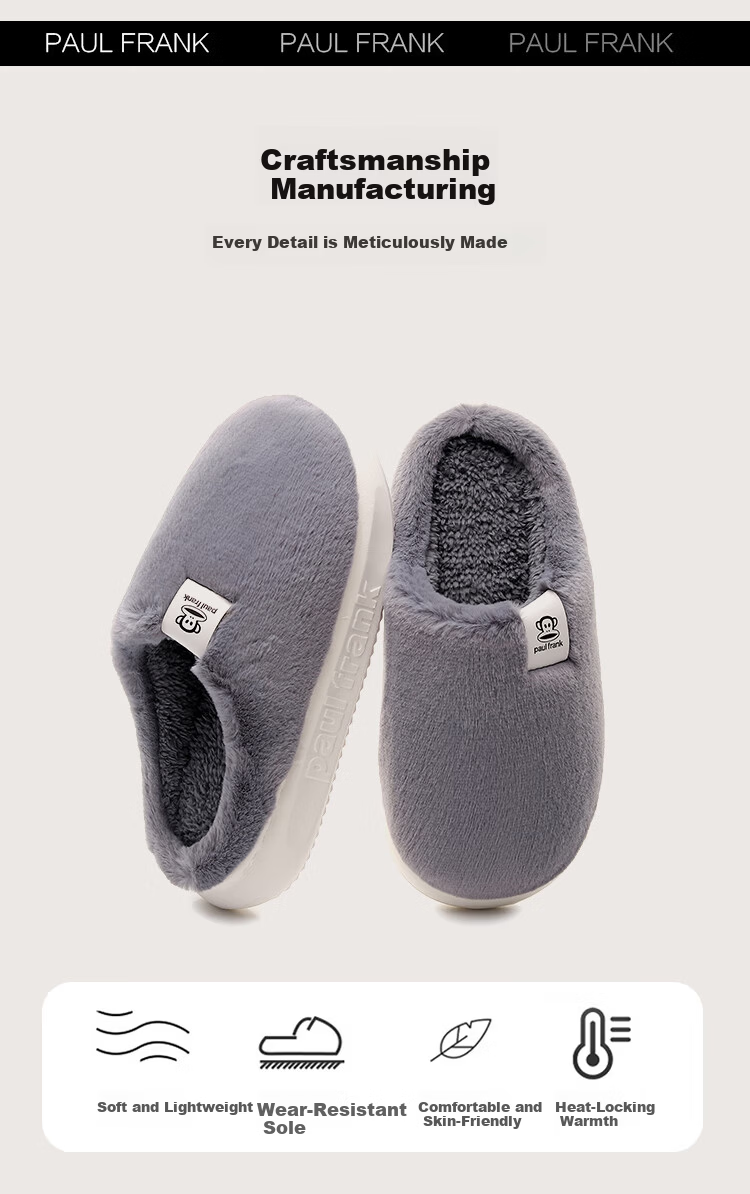 Paul Frank Cotton Slippers Unisex Autumn Winter Indoor Home Warm Plush Thick Sole Non-slip Couple Slippers White Size 38-39 3