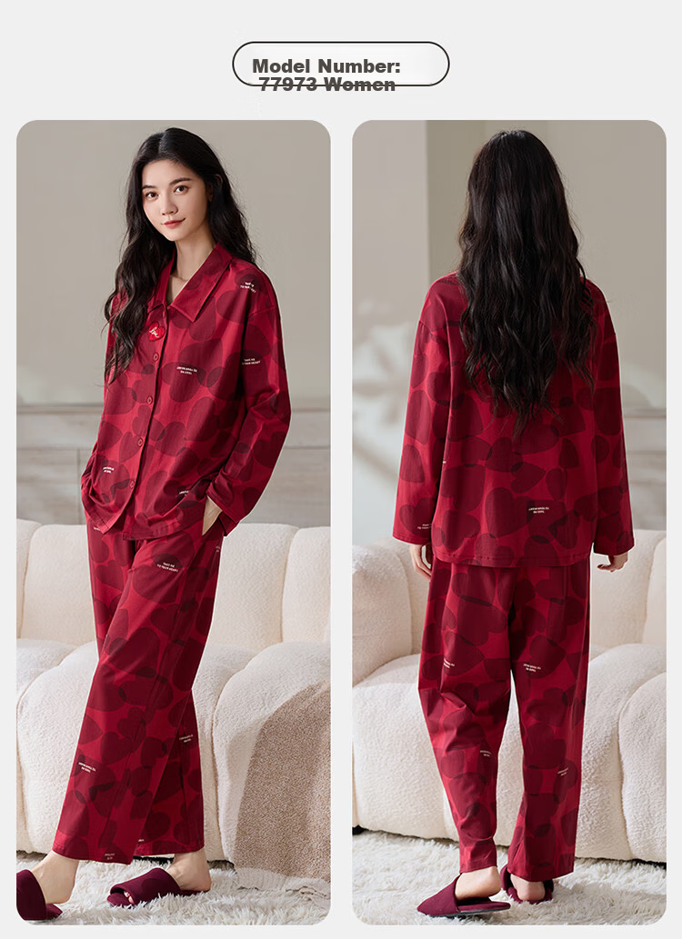 Ordifen Wedding Pajamas Spring Autumn 100% Cotton Couple New Marriage Red Homewear Set L 4