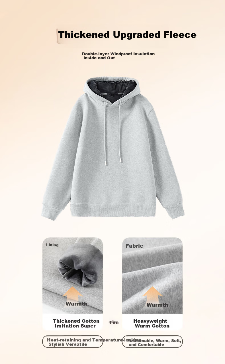 Jeanswest Men's American Style Fleece-Lined Thickened Hoodie Autumn Winter Loose Fit Large Size Warm Sweatshirt 7