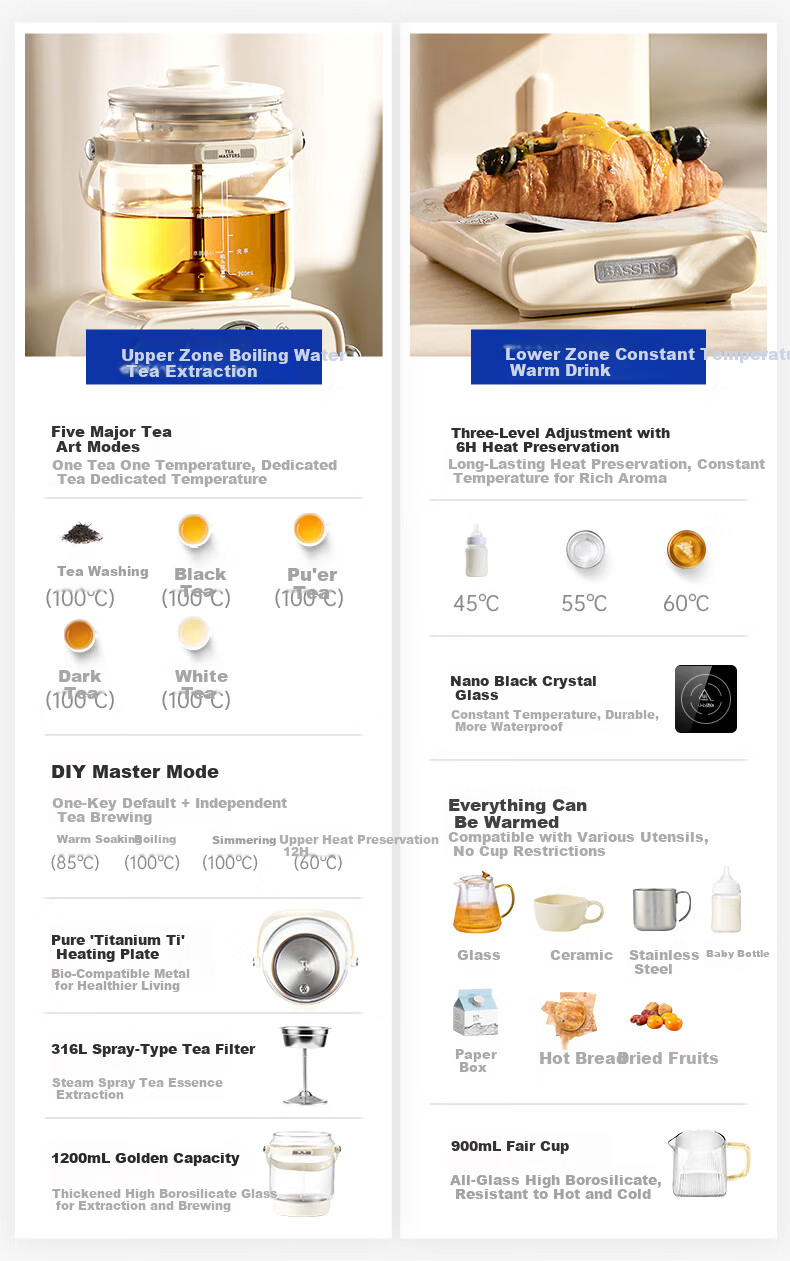 BASSENS Titanium Tea Cooker Health Pot Full Glass Tea Extractor High-End Steam Spray Tea Kettle Tea Beverage Machine Steamer Multifunctional Home Office BS-C1 7