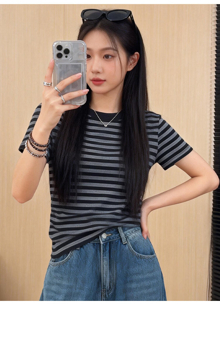 Yiershuang Women's Summer Base Layer T-Shirt, Lyocell Tencel Thin Striped Slimming Short Sleeve Top 21