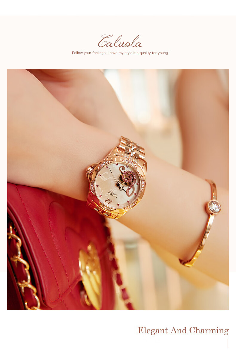 CALUOLA Carola Fully Automatic Mechanical Women's Watch Diamond-Studded Hollow Note Stainless Steel Fashion Waterproof Trendy Ladies Watch 3