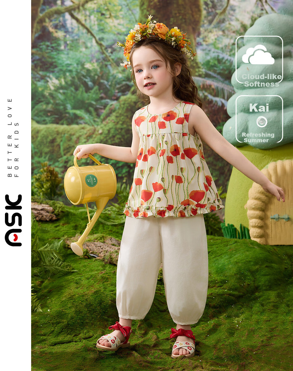 ASK JUNIOR [Pastoral French Style] Children's Set Toddler Floral Sleeveless Vest Top Lantern Pants Mosquito-Repellent Girls Two-Piece Set 7