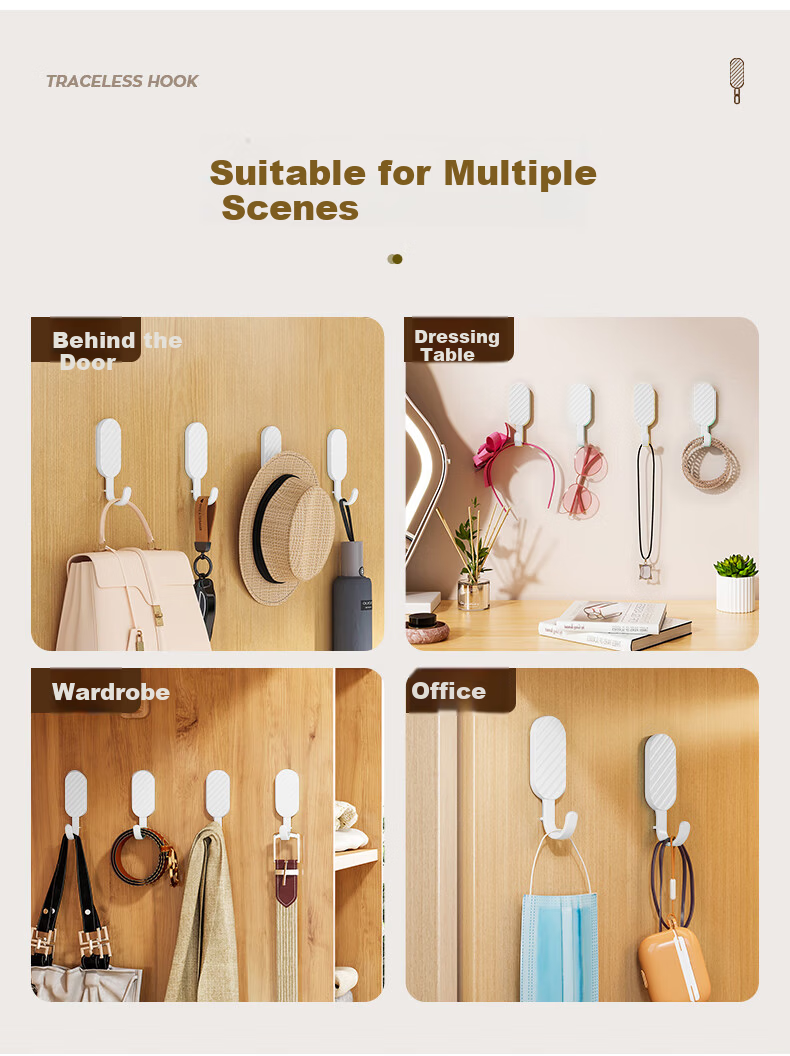 Taili No-Trace Adhesive Hooks Strong No-Drill Wall Hooks for Bathroom Kitchen Door Clothes Hangers, 4-Pack 16