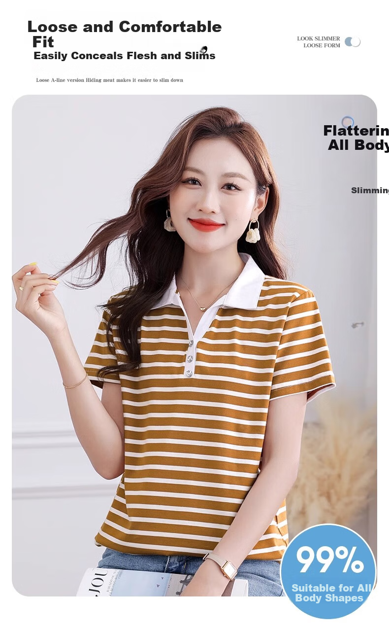 Woodpecker Pure Cotton Polo Collar Short Sleeve T-Shirt Women Summer Striped Polo Shirt Loose Plus Size Black White L 2