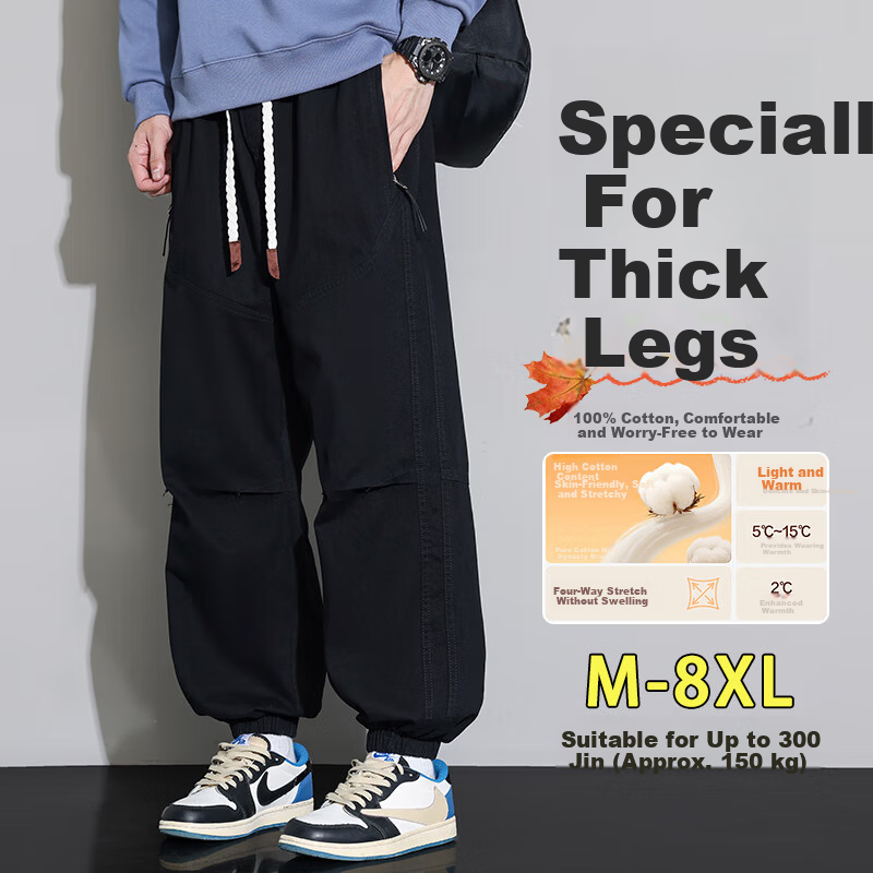 Top Youth Pure Cotton Men's Pants Autumn Winter Washed Jogger Cargo Pants Plus Size Loose Casual Trousers Black L