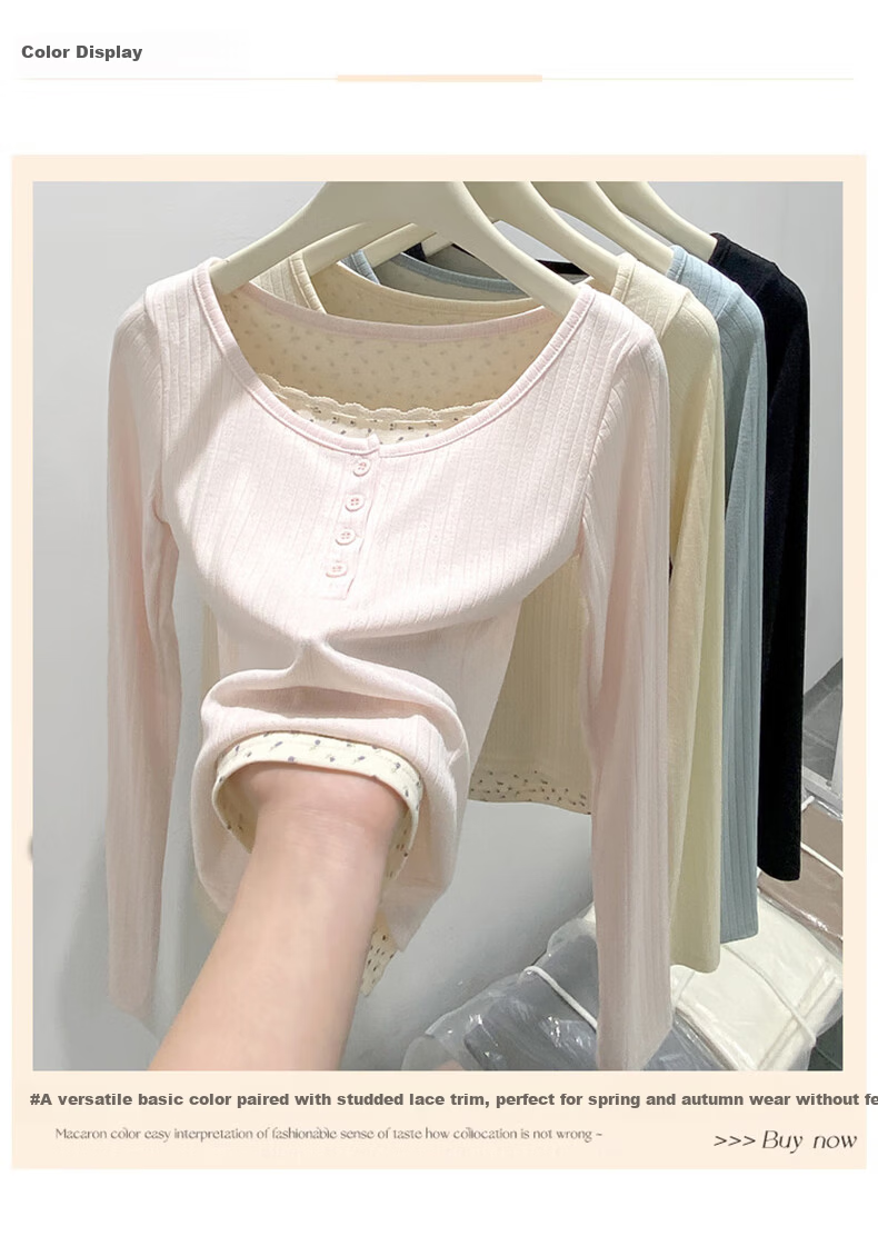 LangSha Floral Print Faux Two-Piece Long Sleeve Slim Fit Lace Top for Women 2025 Autumn New Arrival 3