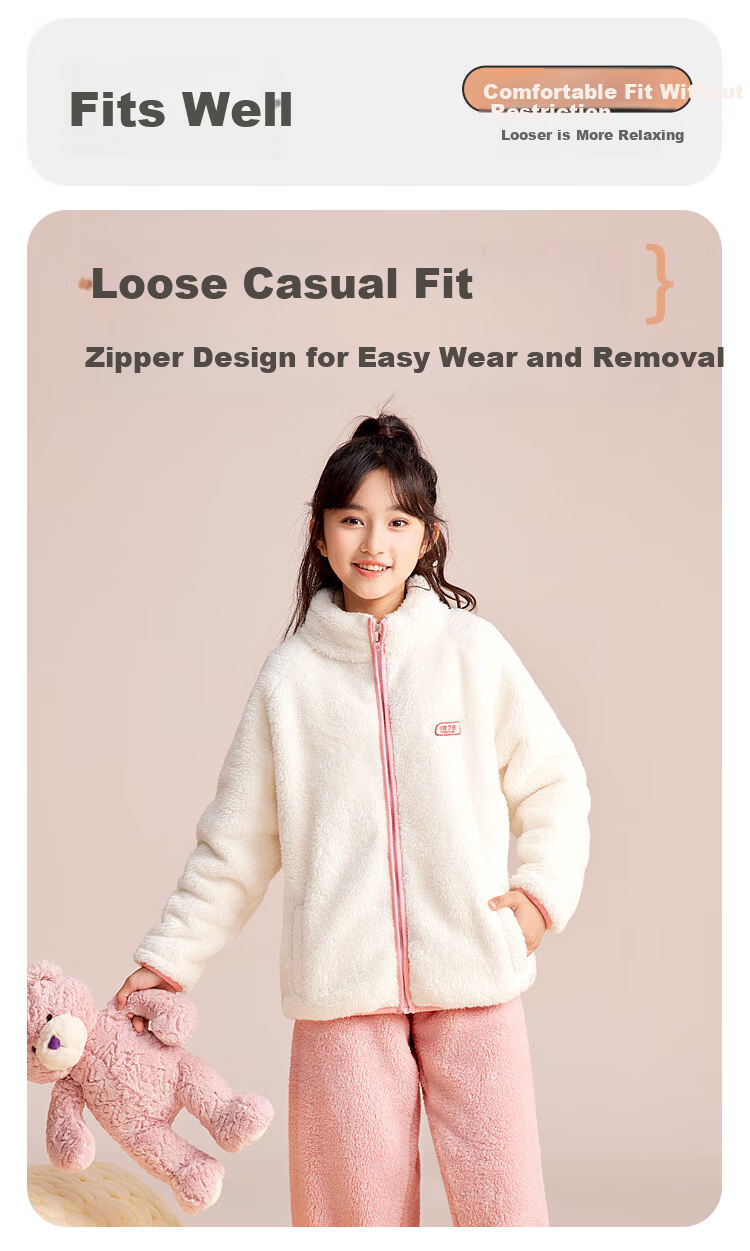 Hodohome Girls' Antibacterial and Anti-Mite Fleece Thickened Far-Infrared Warm Bubble Fleece Stand Collar Pajamas 702 Size 140 6