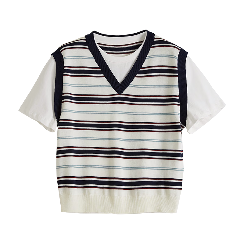 Sllsky College Style Colorblock Striped Patchwork Faux Two-Piece Wool Short Sleeve Knit Top Women 2026 Summer New Arrival