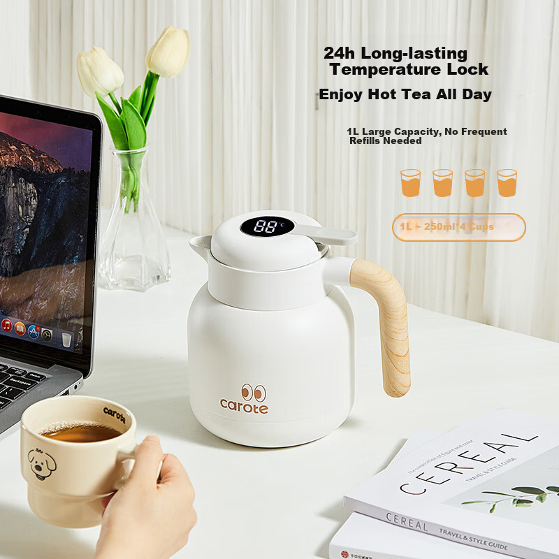 Carrot Stainless Steel Insulated Thermos Flask 1L Large Capacity Home Office Tea Steeping Pot with Tea Compartment
