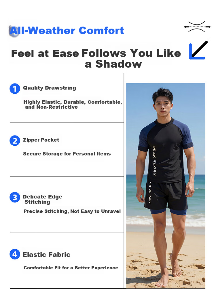 Peak Men's Swimwear Set Short Sleeve Top and Double-Layer Boxer Shorts for Hot Springs and Swimming X4L 4