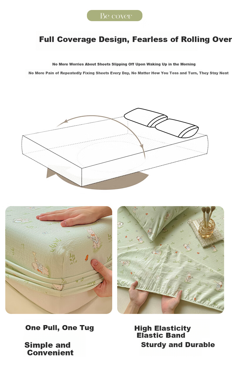 AVIVI Class A Double-Layer Gauze Fitted Sheet Single Bed Cover Full Enclosure Mattress Protector for 1.8m Bed Forest Rabbit 8