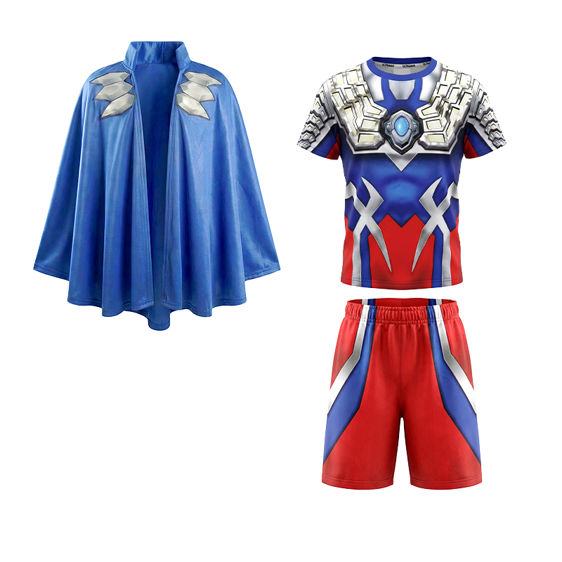 IKALI Ultraman Boys Summer Round Neck Ice Silk Short Sleeve Sports T-Shirt Cape Three-Piece Set 130 CM