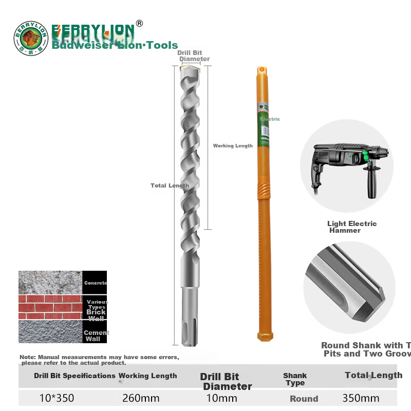 BERRYLION Extended Two-Groove Rotary Hammer Drill Bit for Cement Concrete Wall Drilling, Cylinder Shank 10*350mm