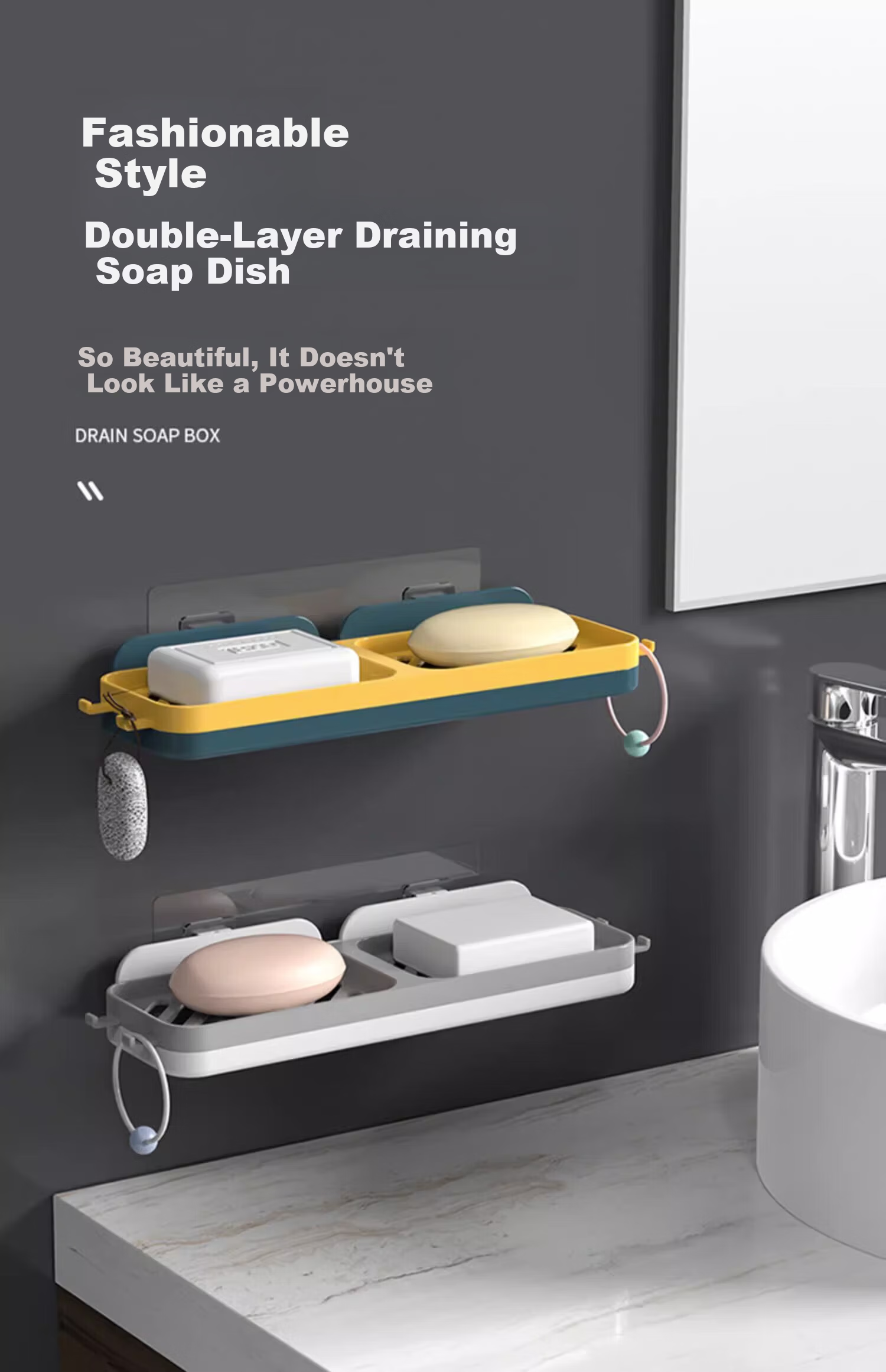 Tingjian Time Wall-Mounted Soap Box Storage Rack No-Drill Bathroom Sink Double-Layer Draining Soap Holder 1