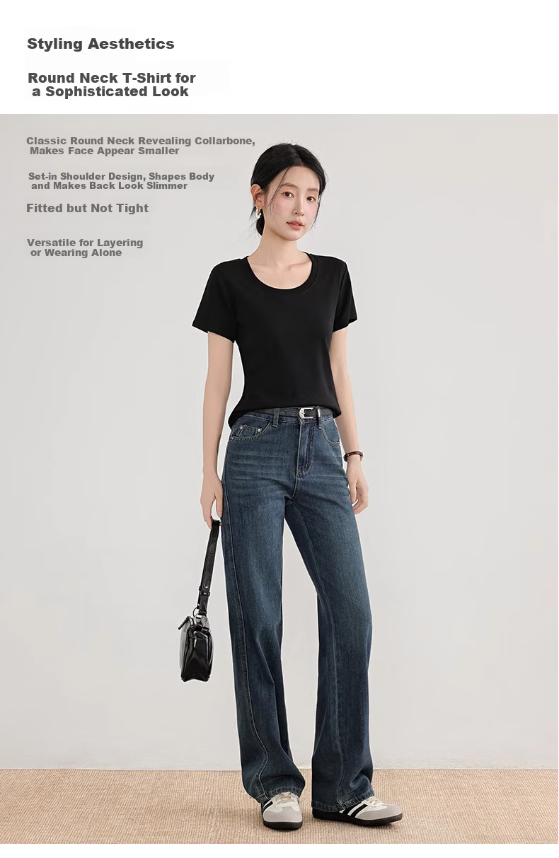 Woodpecker Solid Color Short Sleeve Women's T-Shirt 2025 Summer New Round Neck Regular Shoulder Fashion Casual Versatile Top Black M 1