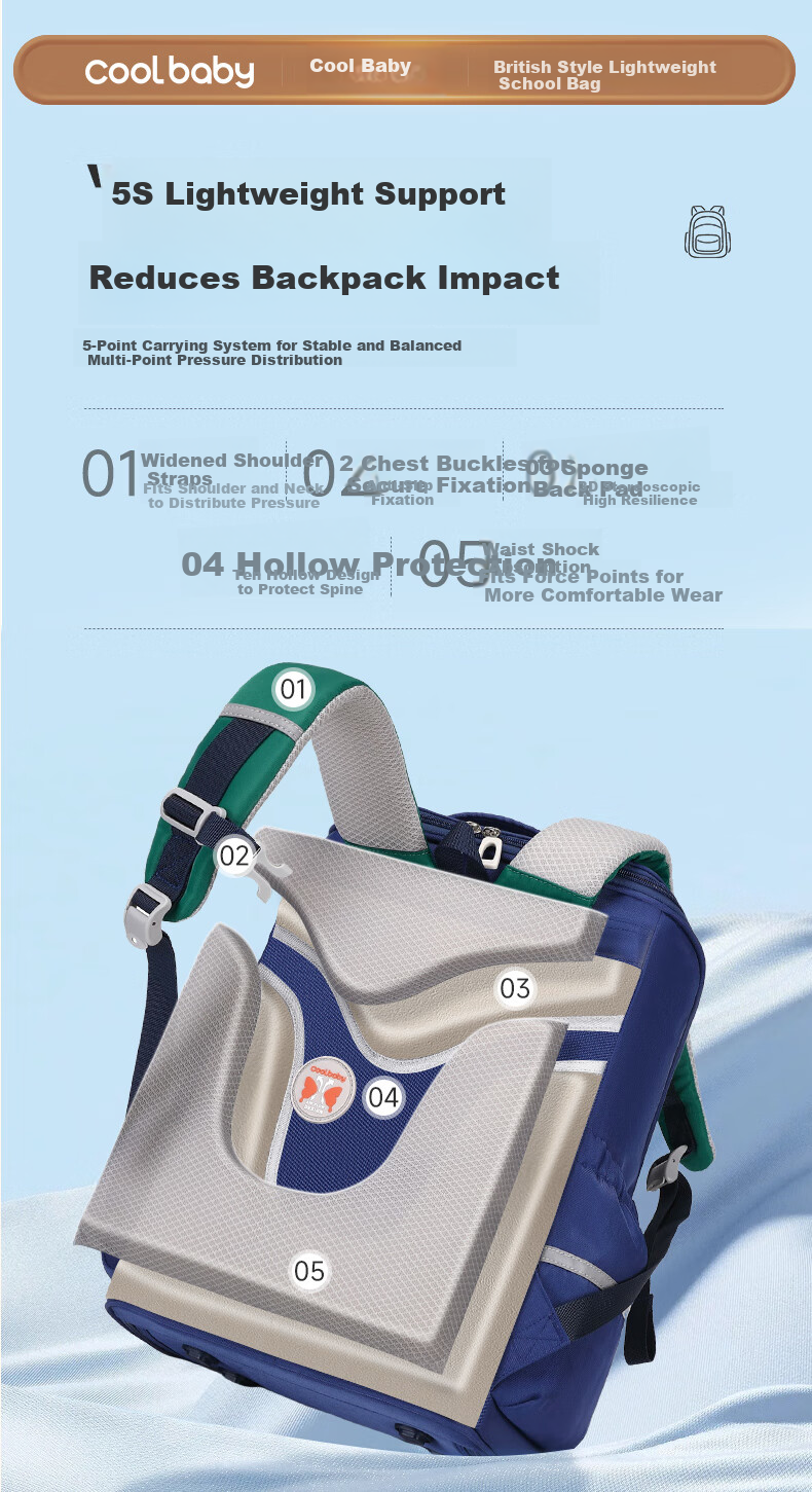 COOLBABY Primary School Backpack Children Ergonomic Lightweight Boys Girls Grades 1-3-6 Large Capacity Stylish Double Shoulder Bag 2