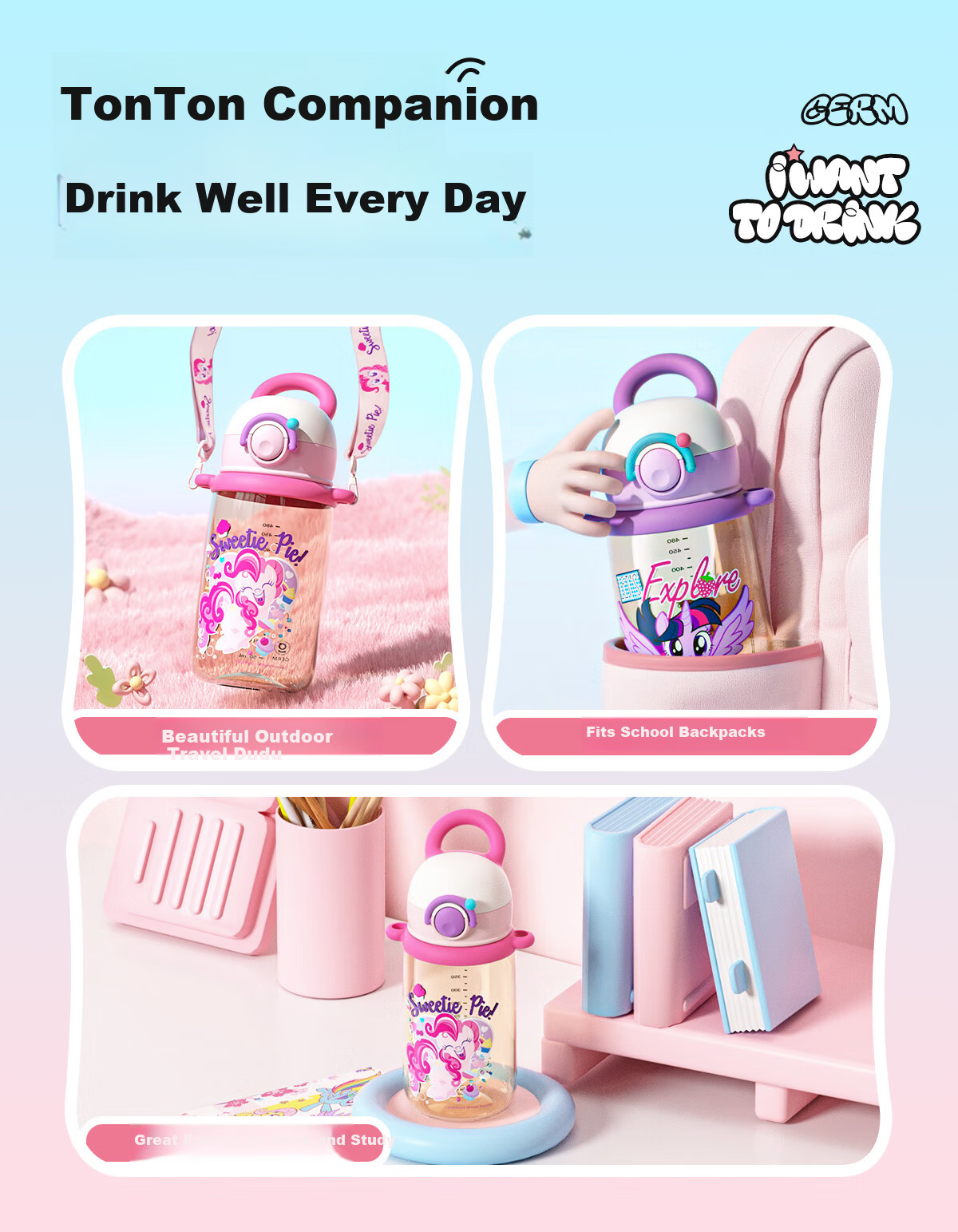 Germ My Little Pony Summer Children's Plastic Straw Cup for Girls Kindergarten Student 480ML Purple 17