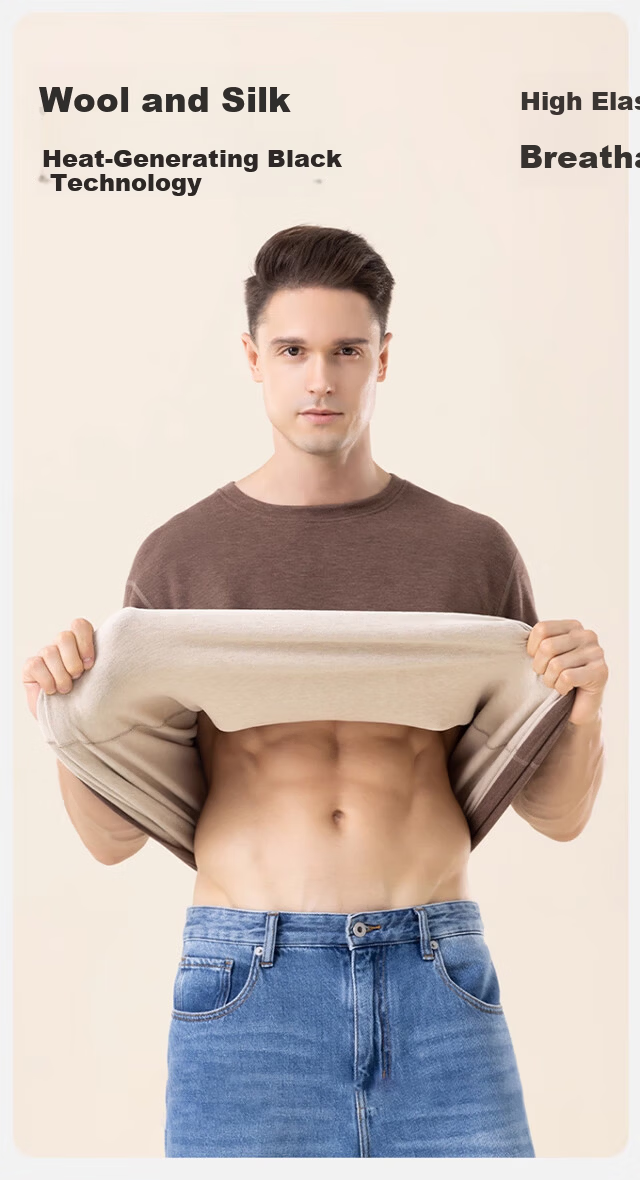 XUEXIMAN Men's Thermal Underwear Autumn Winter Wool Silk Tencel Short Sleeve T-Shirt Warm Base Layer Top 1