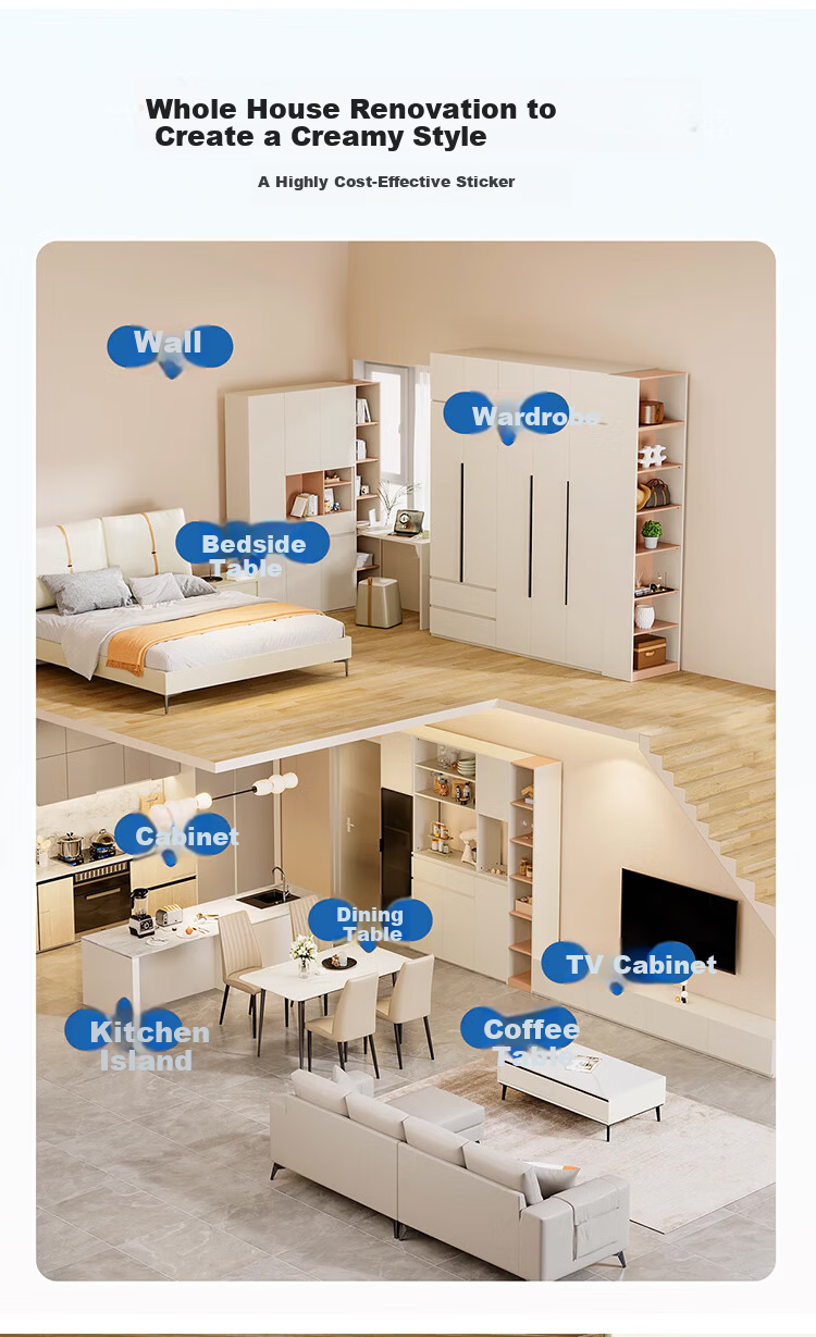 Qinghua Self-Adhesive Wallpaper Desktop Sticker Wall Sticker Wardrobe Furniture Film Color Change Renovation Sticker Light Beige 60*300cm 3
