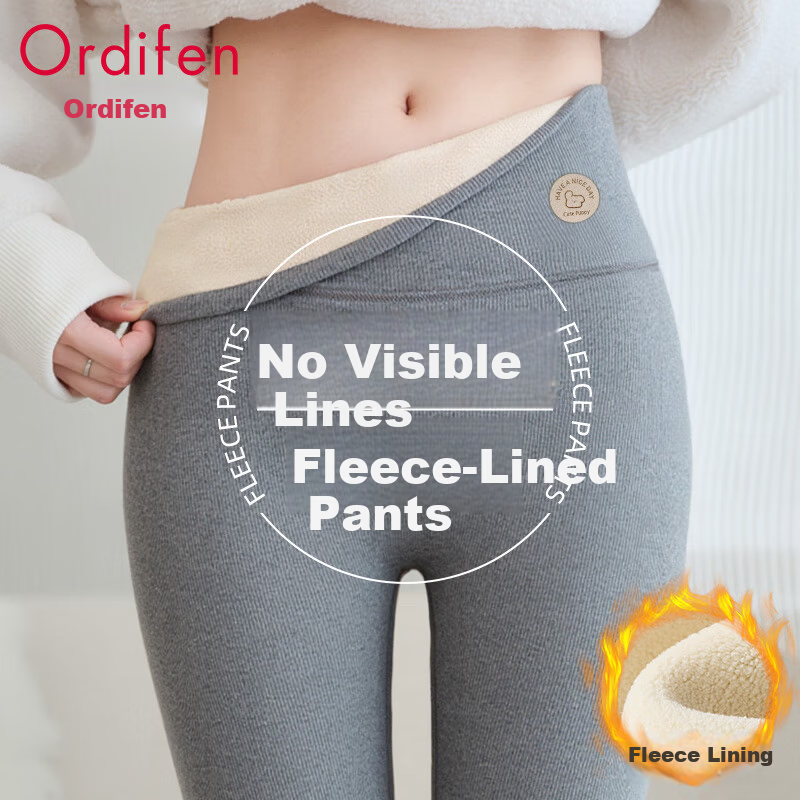 Ordifen Women's Autumn Winter Fleece-Lined Ribbed Thickened High-Waist Gray Thermal Leggings