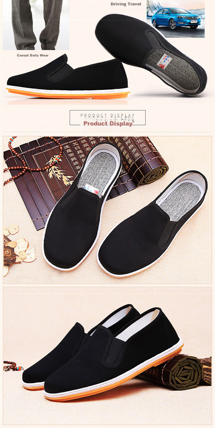 BUS HEYUAN Traditional Beijing Cloth Shoes for Men with Thousand-Layer Sole, Casual Elderly Shoes, Slip-On Loafers for Middle-Aged And Elderly Men, Size 43, Black Cowhide Sole, Model 73X-9202 8