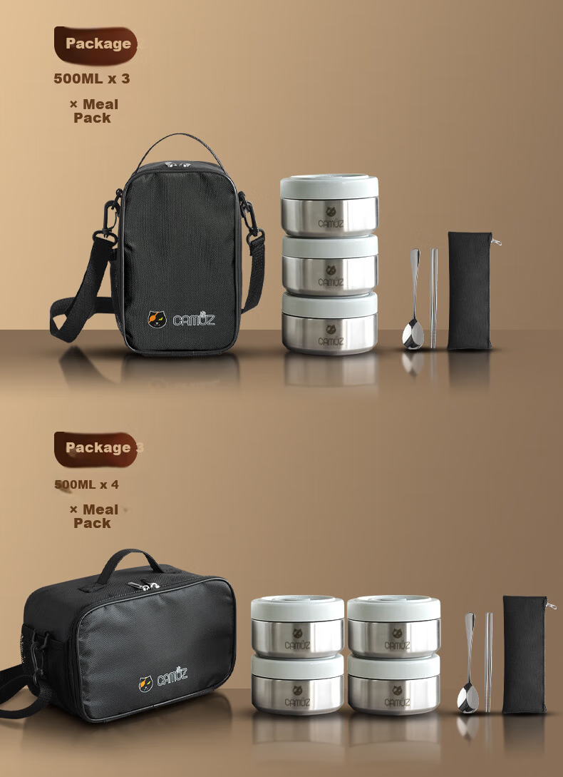 CAMUZ Insulated Lunch Box 316 Stainless Steel Microwaveable Thermal Container Large Capacity 4-Pack 10