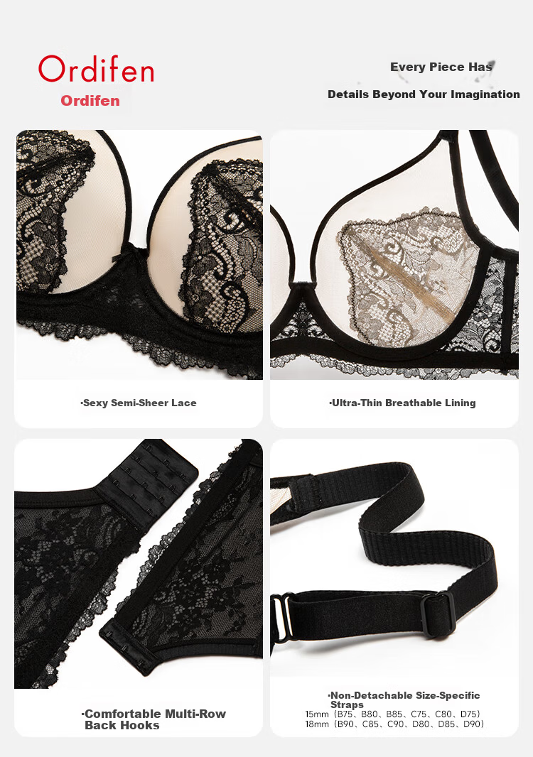 Ordifen Women's Soft Underwire Ultra-Thin Lace Sexy Lift Back Support Large Bust Minimizing Bra XB4315 4